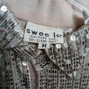 Dazzling See Lo Vintage Silver Sequin Button Down Blouse Made w/100%Pink Silk